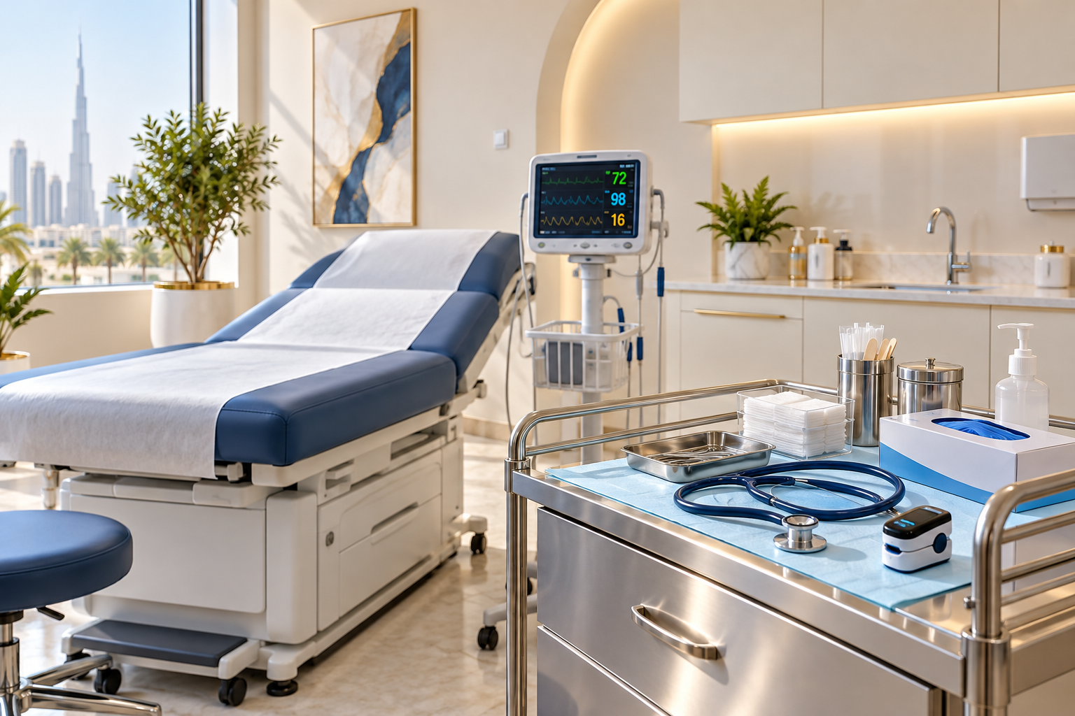 Modern UAE clinic treatment room with medical equipment and consumable supplies